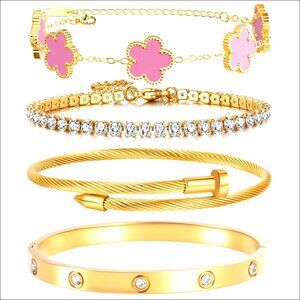 18K Gold Plated Stackable Bracelet Set, 4-Piece Bangle & Chain Jewelry